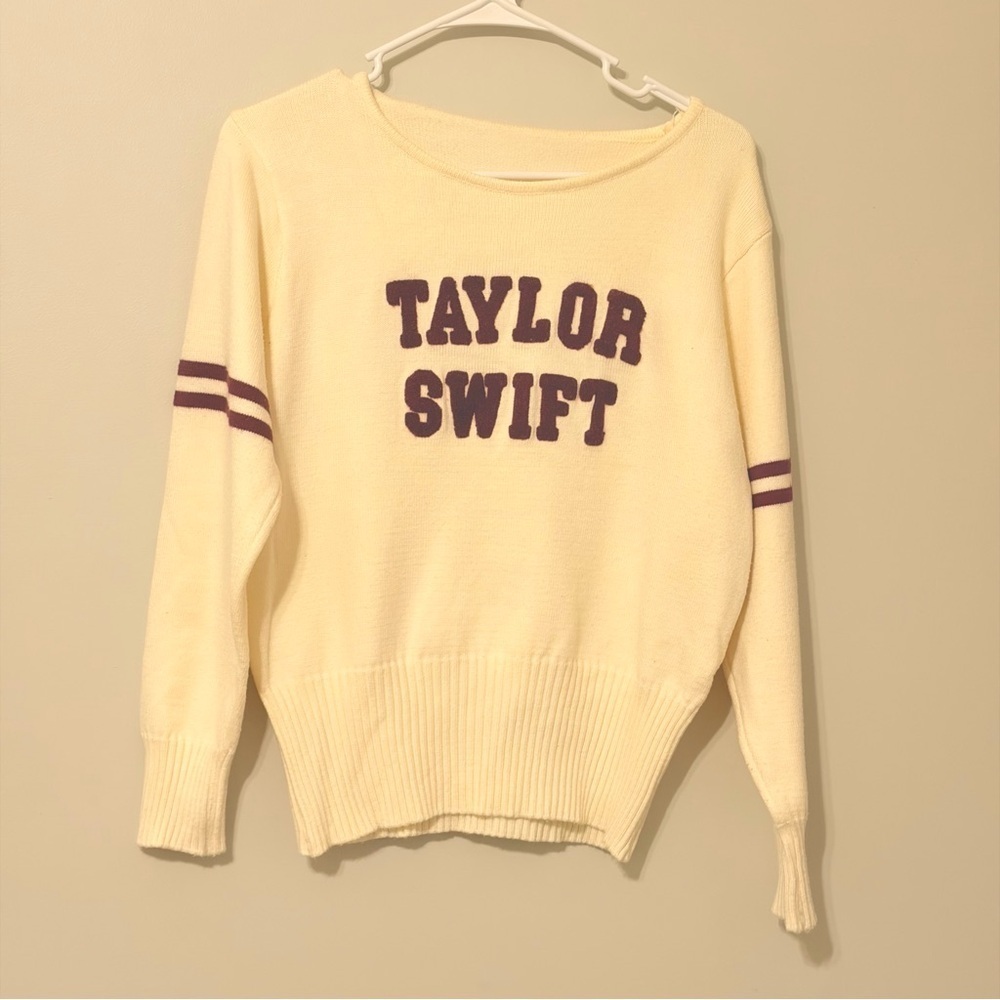 Taylor Swift Cream Sweater with Burgundy Varsity Lettering